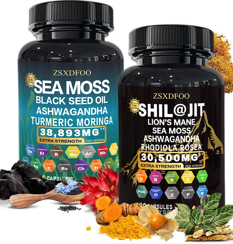 ZSXDFOO 120 Capsules Sea Moss and shilajit Bundle - Sea Moss 14000mg, Black Seed Oil 8000mg, Ashwagandha 4000mg, Ginger & Shilajit 18000mg, Rhodiola Rosea 2000mg, All in 1 Supplements (1 Pack)