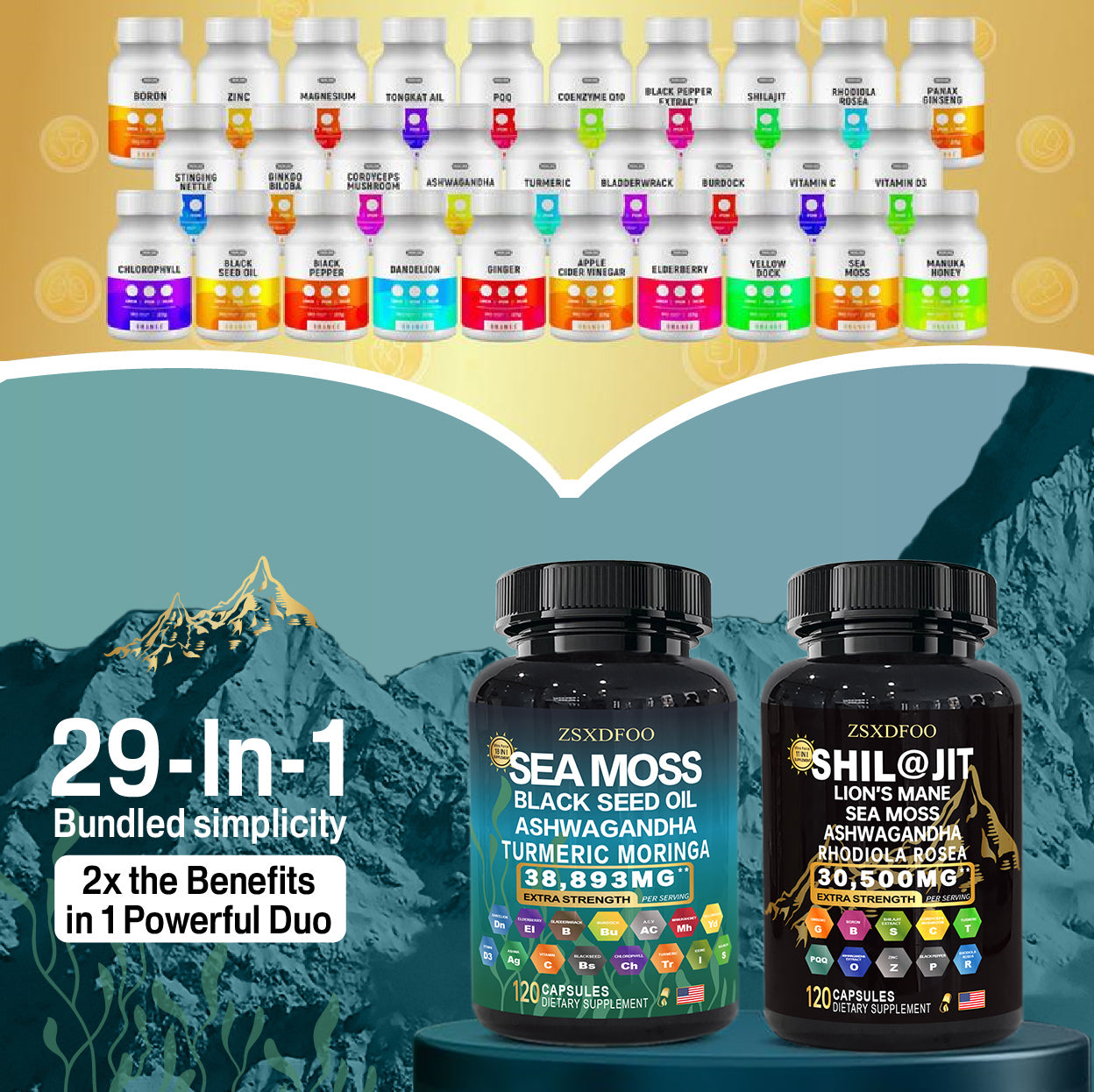 ZSXDFOO 120 Capsules Sea Moss and shilajit Bundle - Sea Moss 14000mg, Black Seed Oil 8000mg, Ashwagandha 4000mg, Ginger & Shilajit 18000mg, Rhodiola Rosea 2000mg, All in 1 Supplements (1 Pack)